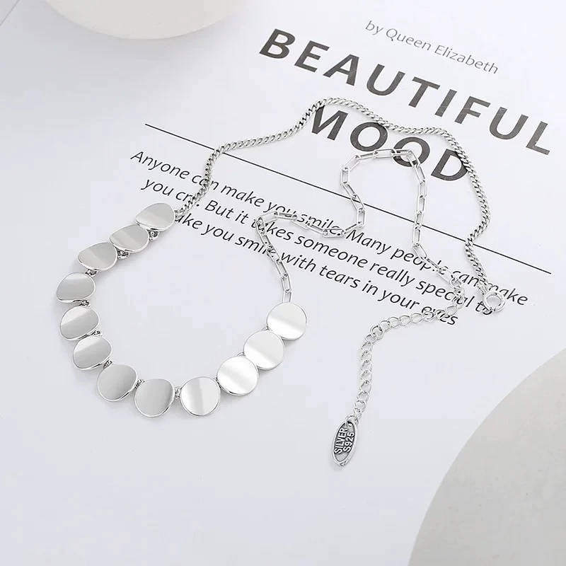 坠链均925银锆石 复古做旧S925纯银光面圆牌拼接几何小众百搭项链