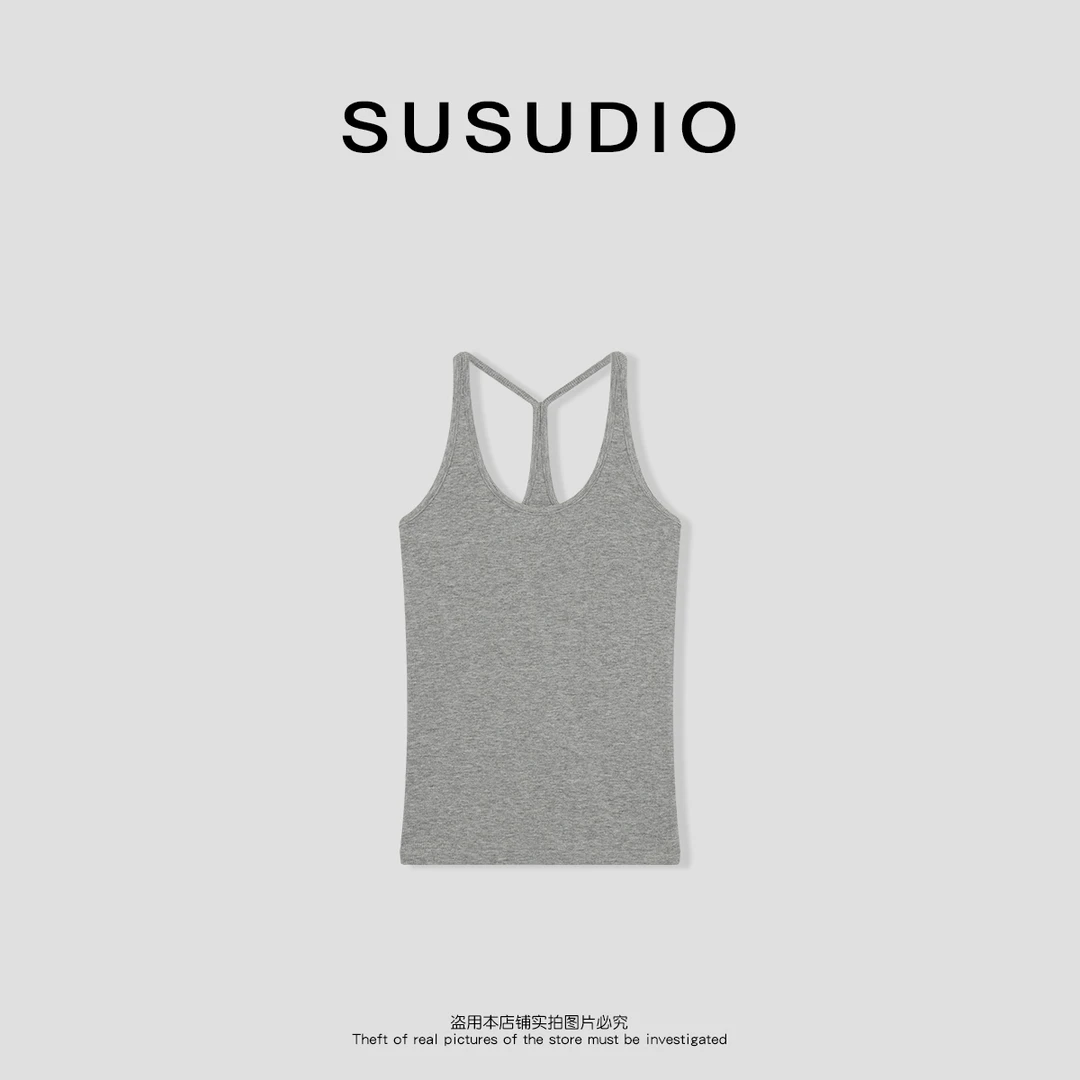 SUSUDIO 春夏休闲时髦工字U型高弹收腰纯色无袖背心00048