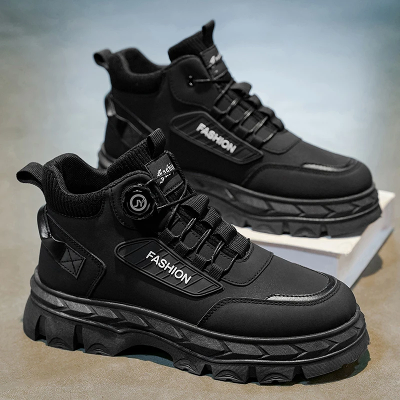 潮流工装风旋转纽扣圆头薄款黑色马丁靴休闲鞋户外男士百搭防水