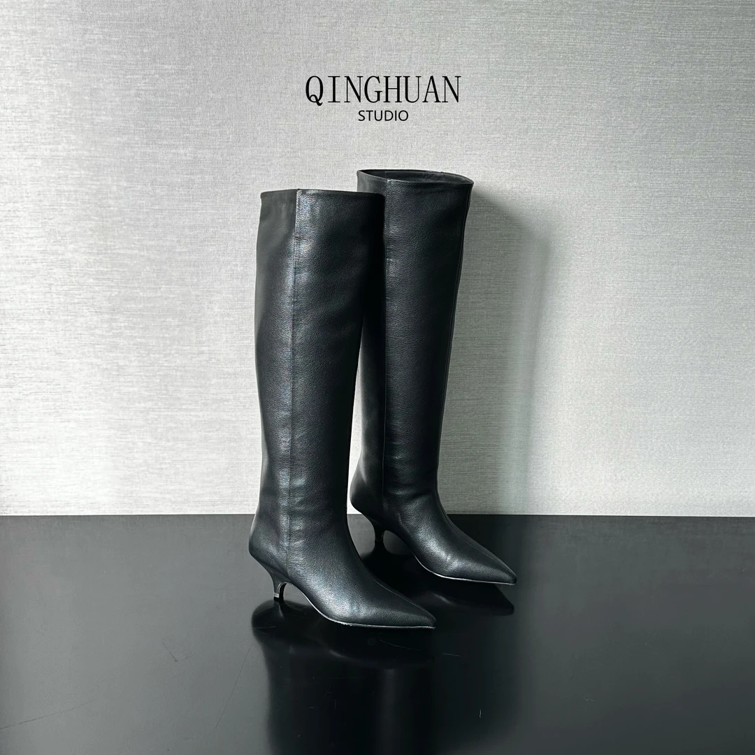 【清欢2店】超显腿直极简风小跟及膝靴 | 藏肉百搭真皮后缩跟 |5cm