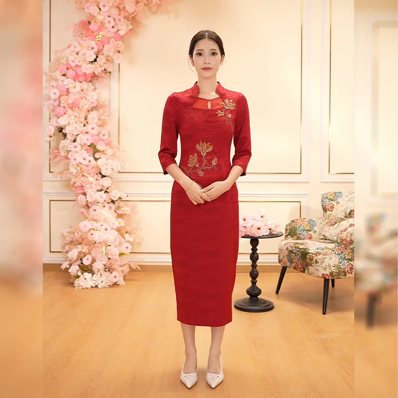 兰芷绮裳新中式旗袍喇叭袖中国风优雅常规款提花短袖修身婚宴礼服