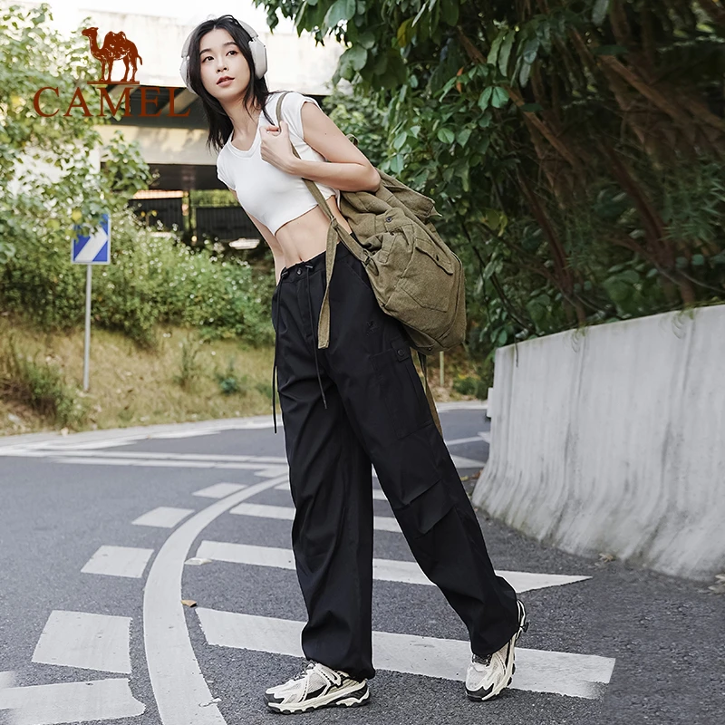 骆驼降落伞工装裤运动长裤女欧若风高腰垂感美式风束脚阔腿伞兵裤
