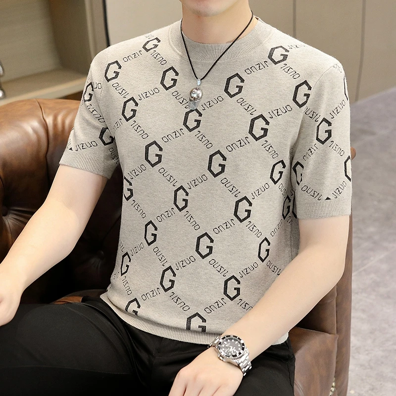 春秋冬男士短袖针织毛衣时尚圆领印花个性潮牌修身打底衫上衣t恤