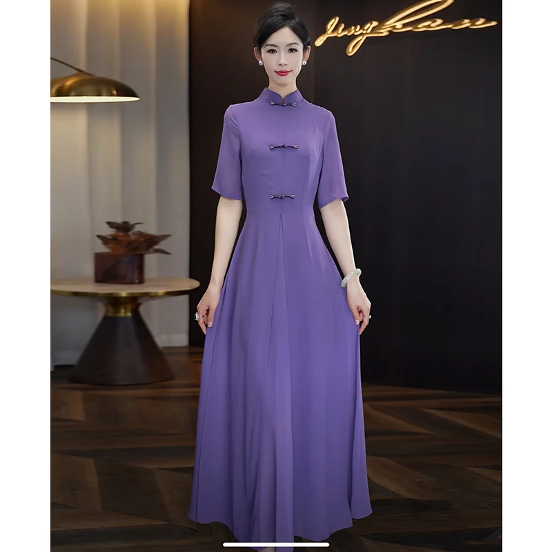 紫色连衣裙女2025春夏新款修身显瘦国风新中式长裙大摆优雅裙子