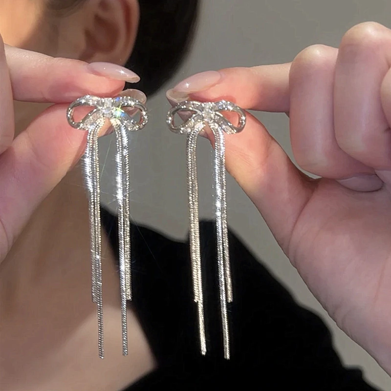 925银玻璃耳饰锆石蝴蝶结流苏耳环银针轻奢小众设计气质显瘦冷淡