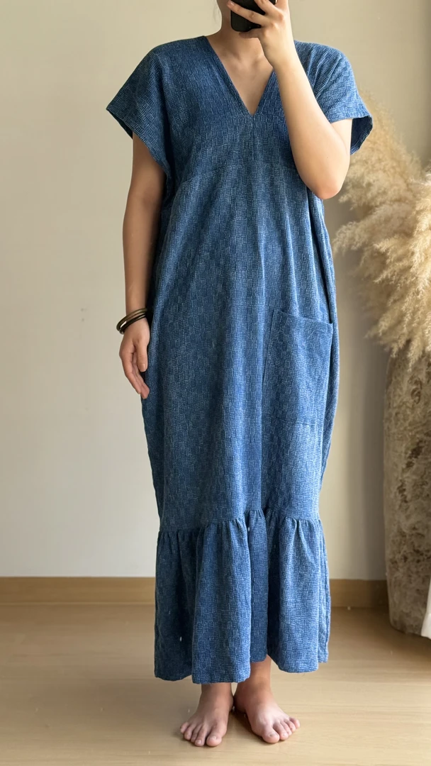 蓝色复古高级感小众时尚蓝染连衣裙女夏季新款宽松鱼尾裙