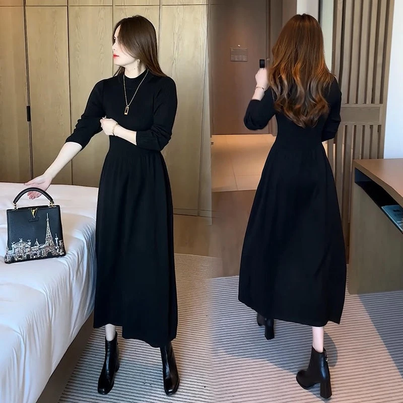 秋冬高级感针织打底毛衣裙过膝长裙法式赫本风收腰中长款连衣裙女