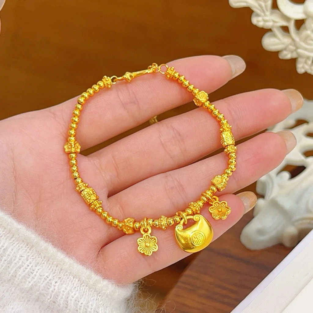 铜合金手链 新中式古法胖福有钱花手链时尚金色手串国风女送礼物