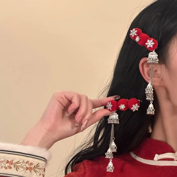 新中式红色毛球雪花流苏发夹女新年氛围感头饰发饰