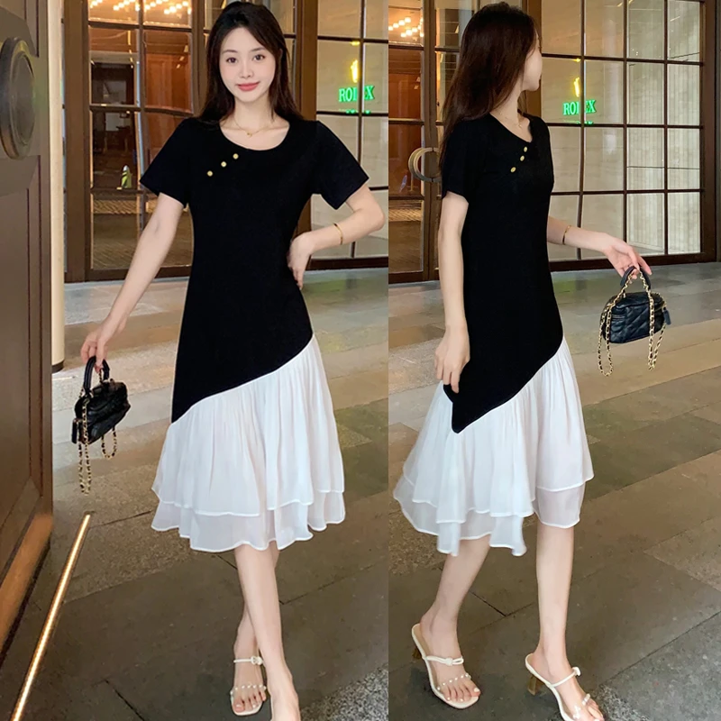 2025夏装短袖新款时尚洋气不规则拼接鱼尾裙显瘦气质连衣裙698