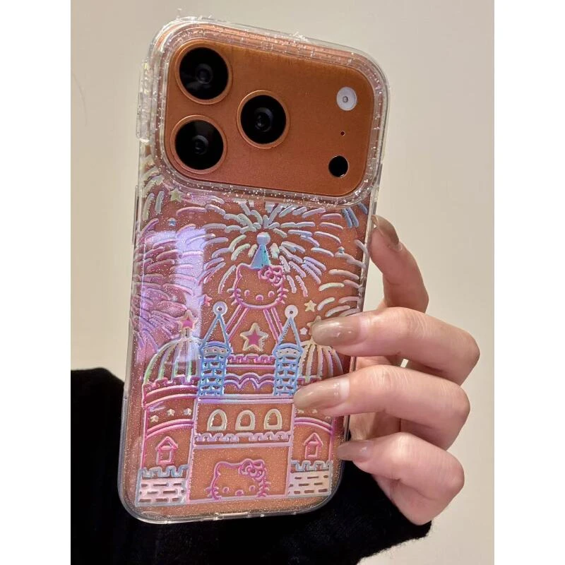 治愈系鎏金彩色烟花猫咪城堡适用于iphone17promax苹果16手机壳15