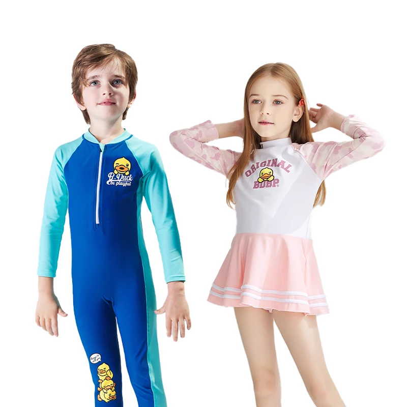 【广波专属】B.Duck儿童泳衣女孩长袖连体裙式游泳衣新款速干洋气