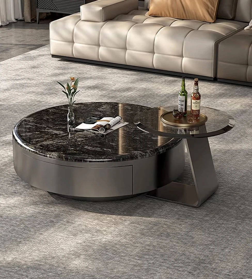 意式高级奢石茶几圆形茶几桌高级感客厅家用玻璃茶几组合