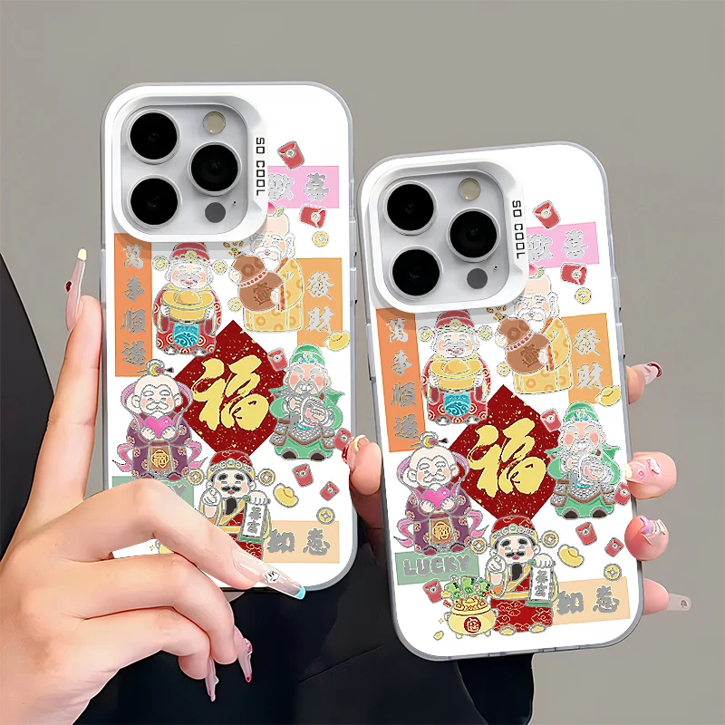 欧克里里彩银五路财神福适用苹果16promax手机壳华为oppo小米vivo