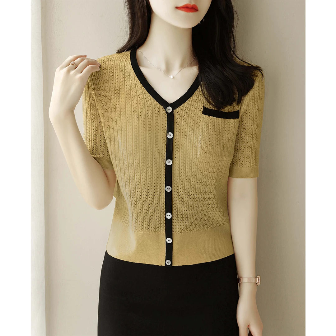 2025年春夏季新款V领设计短袖针织开衫女宽松镂空纯色正肩T恤上衣