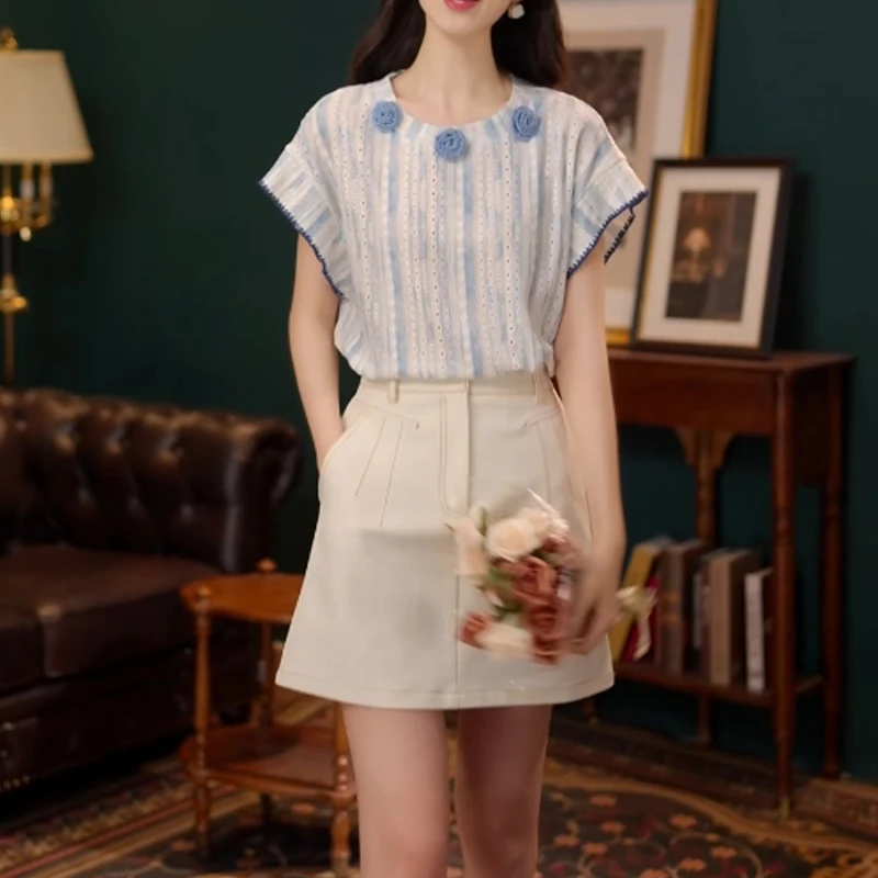【雪顶泥】甜美小衫休闲百搭短袖衬衫女夏季上衣2025夏季新款