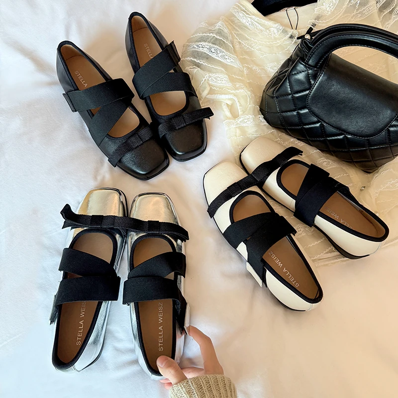 真皮复古银色芭蕾舞鞋年新款浅口法式玛丽珍鞋女平底单鞋CQ-M172