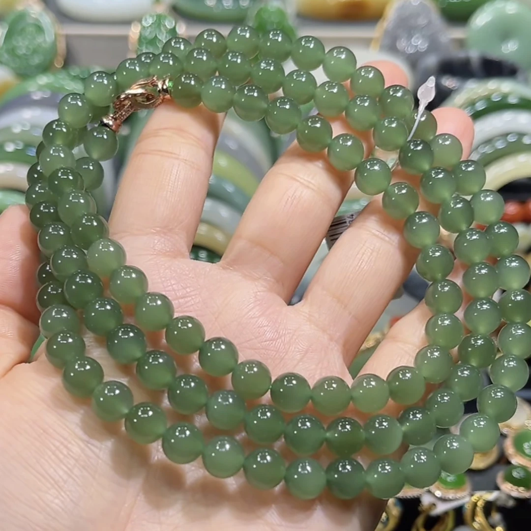 半价福利！和田玉高冰起荧光湖水绿晴水多圈手串项链8mm