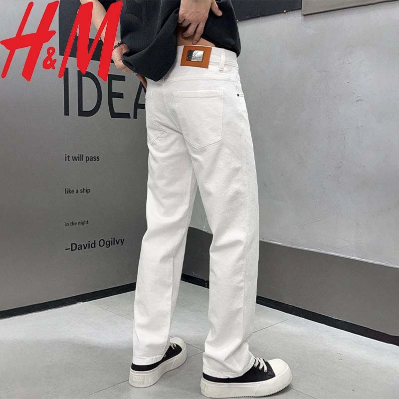 HM2025年春夏季新款白色高端牛仔裤男士夏季宽松百搭潮牌休闲长裤