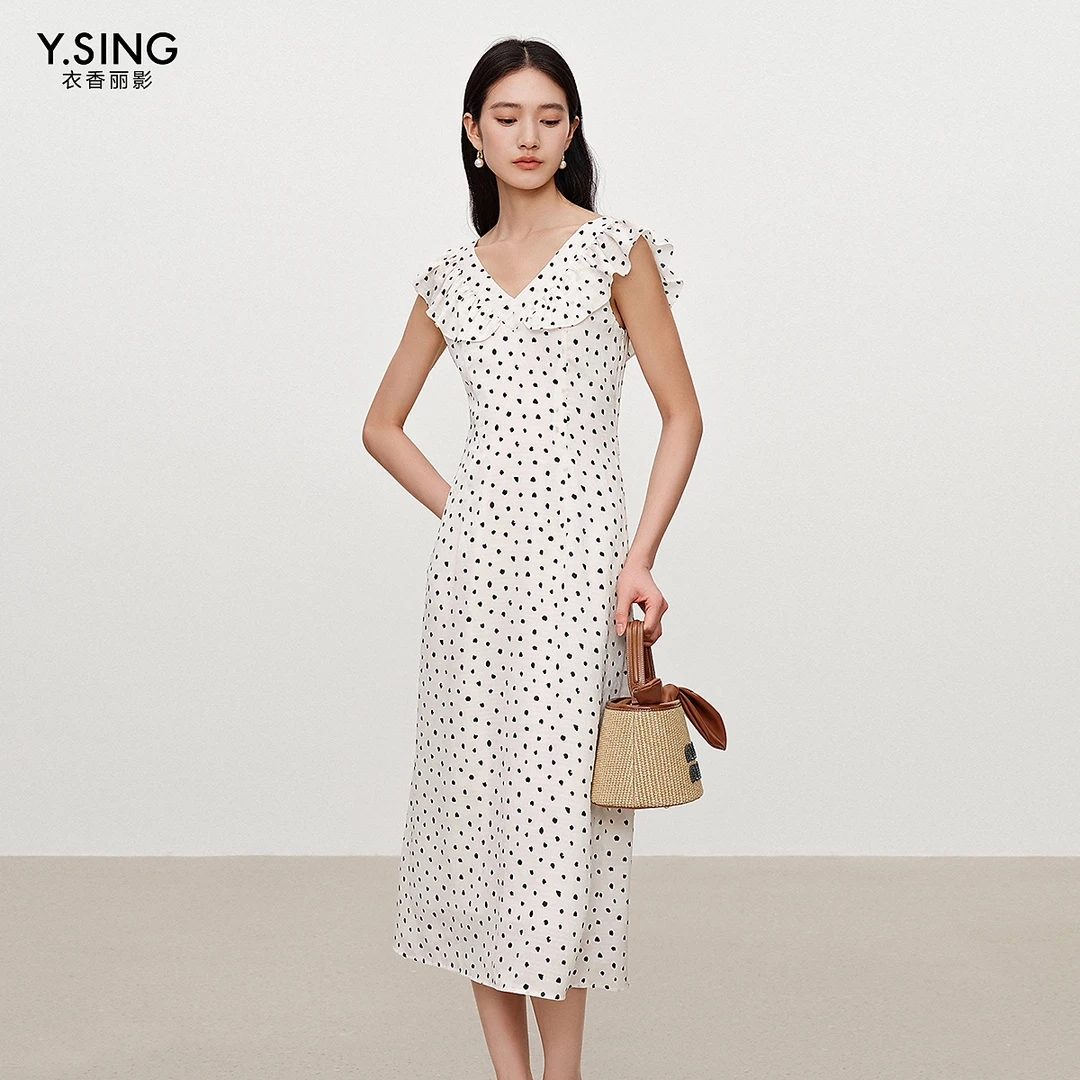 衣香丽影白色波点连衣裙女2025年秋装新款法式荷叶边简单大方裙子