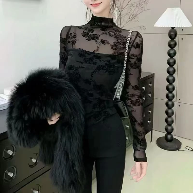 轻熟法式半高领蕾丝衫加绒打底植绒上衣显瘦长袖网红洋气时尚性感