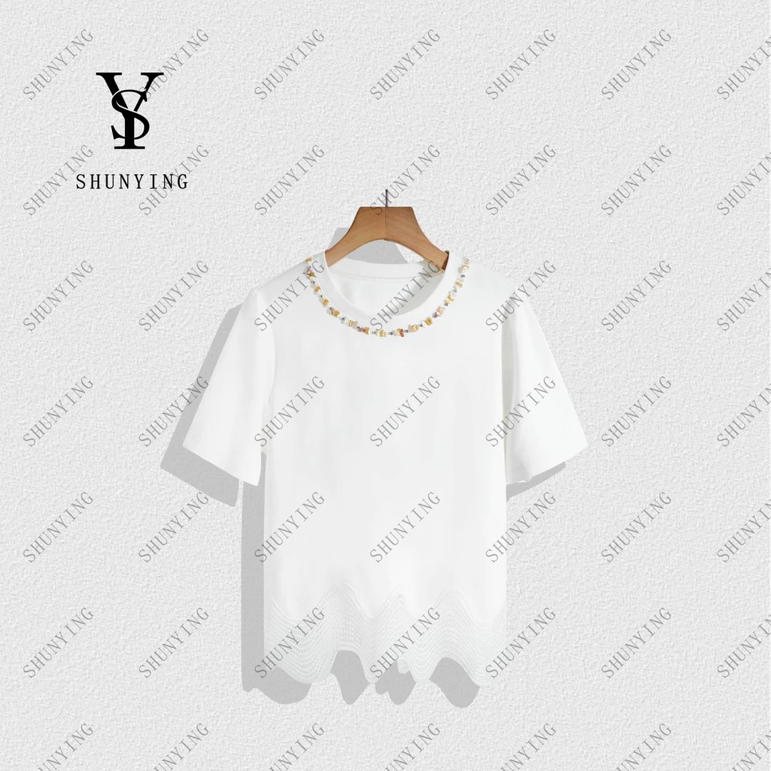 【顺瀛】百搭舒适~时尚订珠简约纯色下摆拼接镂空短袖T恤SY72T25108