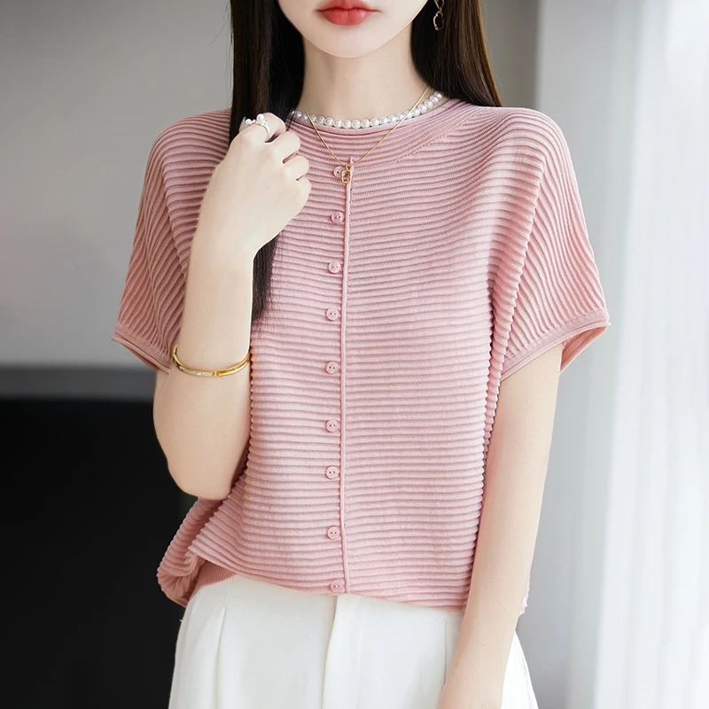品牌2025小香风坑条时尚短袖t恤女士透气夏季新款小衫针织上衣