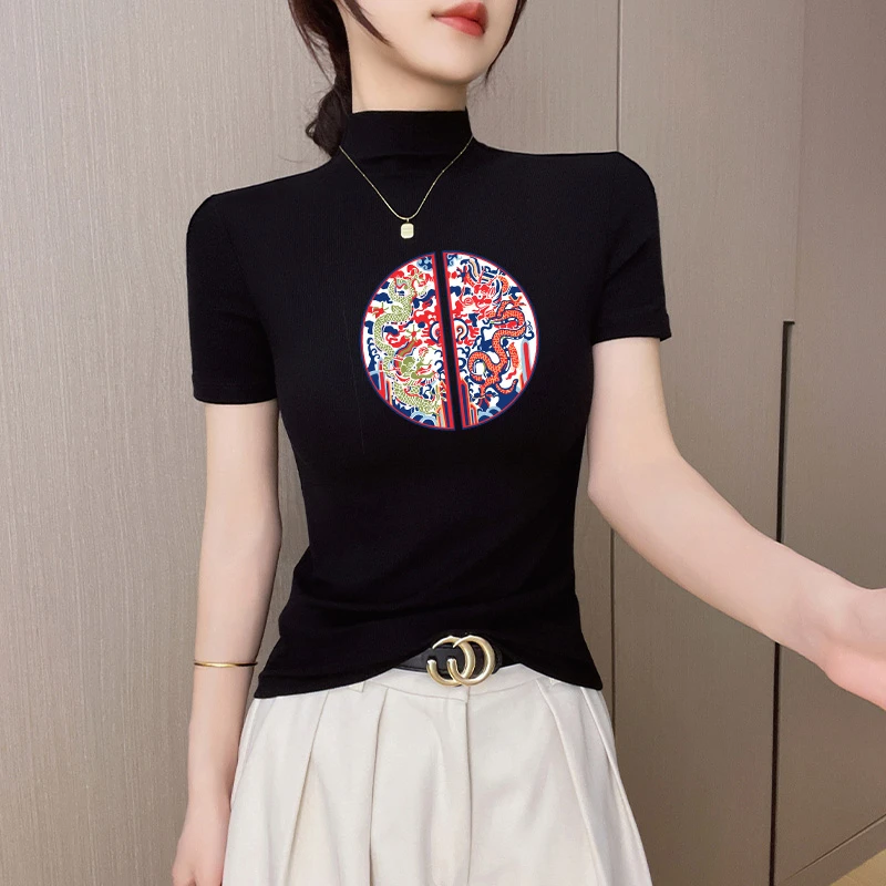 新中式国风女装短袖t恤女夏季新款半高领莫代尔冰丝薄款修身上衣