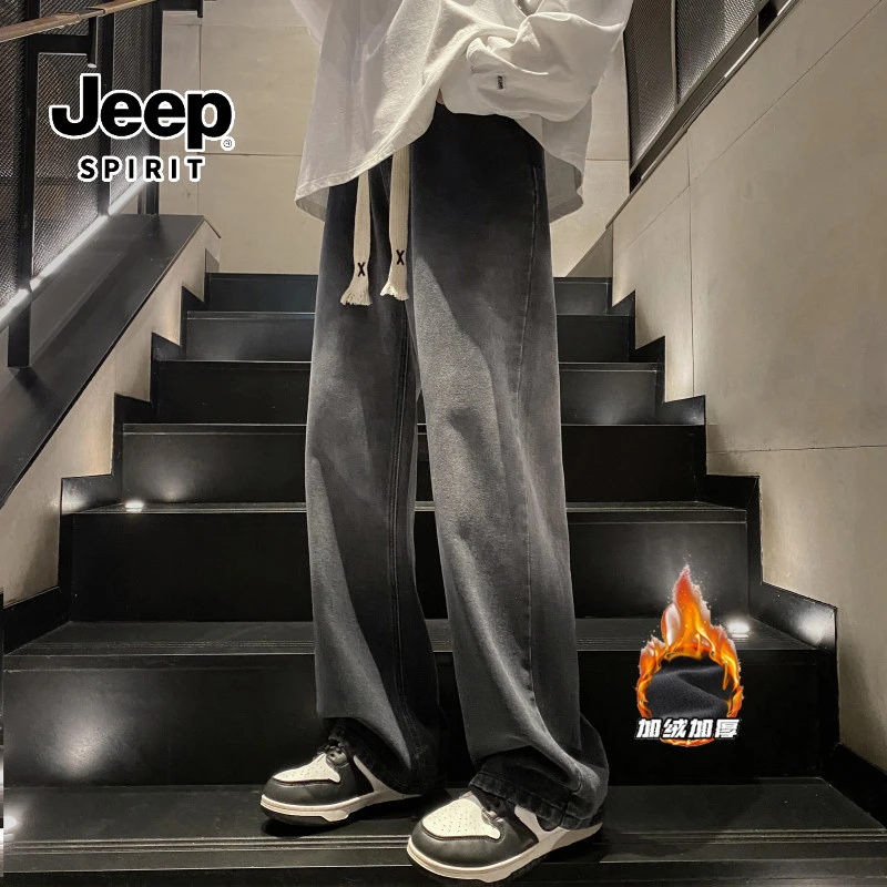 JEEPSPIRIT/吉普冬季男士宽松直筒保暖渐变长裤宽松休闲牛仔裤