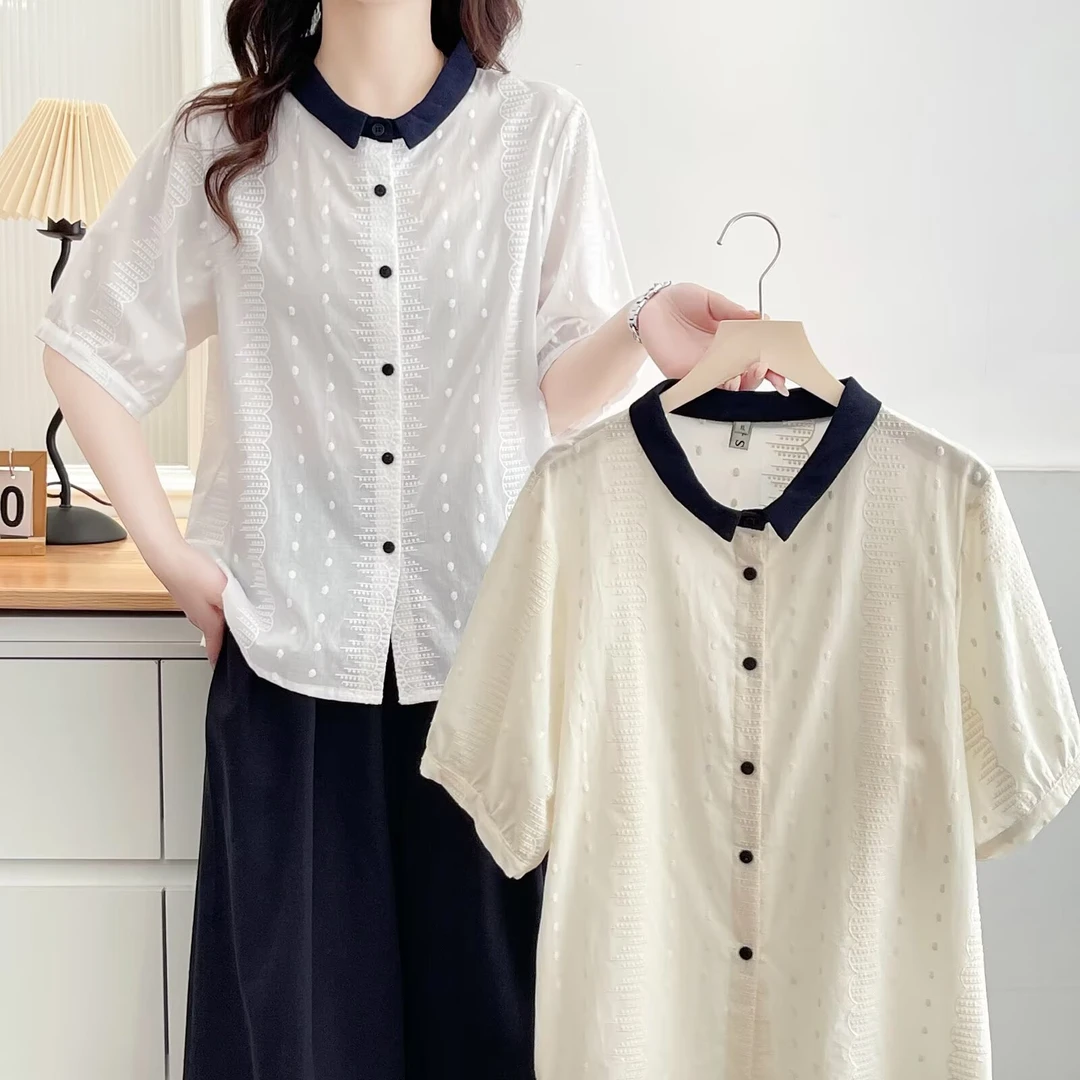 重工纯棉品质刺绣拼色小翻领微胖mm大板型大码女装短袖衬衫衬衣夏
