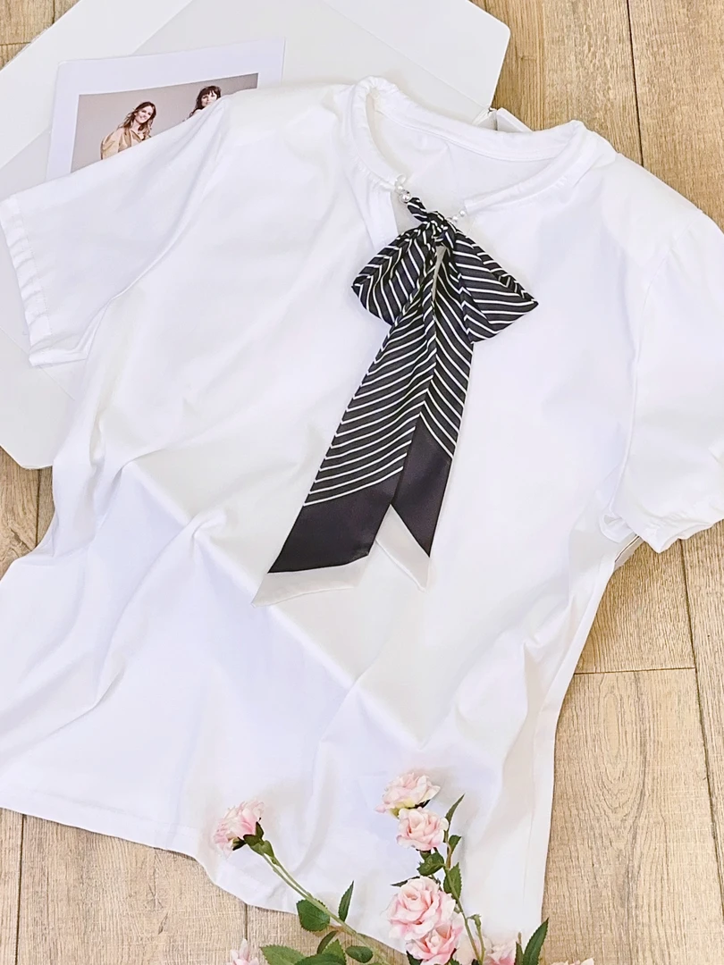琳心丨春季新款时尚百搭领口条纹系带蝴蝶短袖T恤 MDY2016