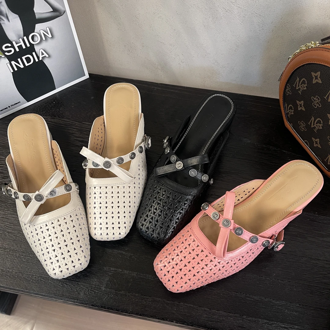 陈老板牛皮25.cm/时尚镂空夏季透气包头拖鞋女外穿舒适百搭