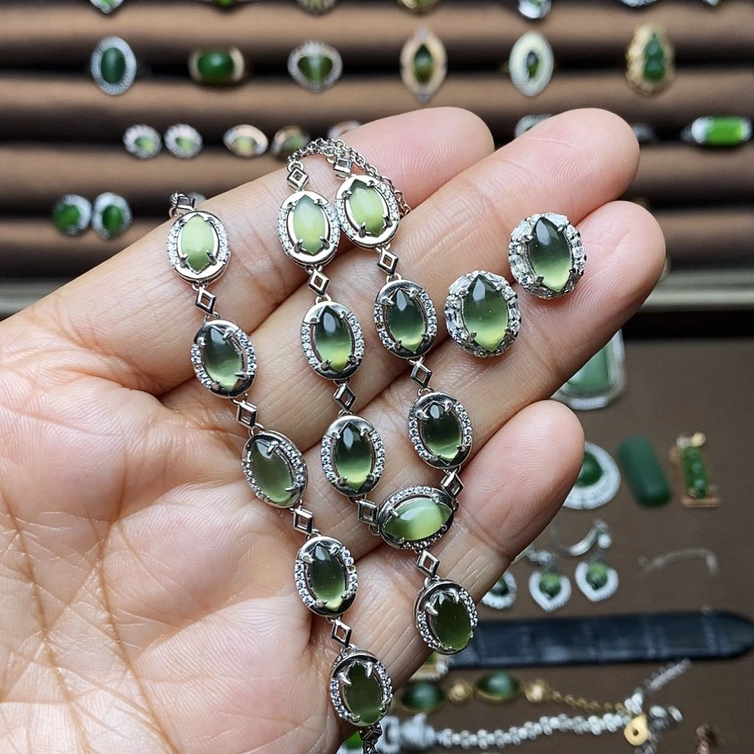 吊坠(不含链)银S925镶嵌和田玉（碧玉）套装