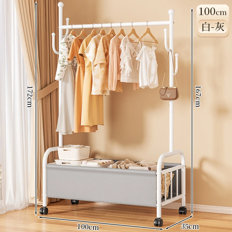 轻奢衣帽架【白灰100cm】加粗管径+4衣帽钩+皮革收纳+万向轮可移动
