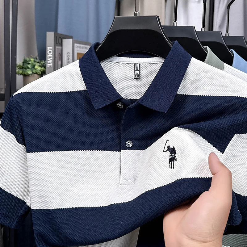2025夏季新款刺绣小马条纹短袖POLO衫男翻领T恤休闲宽松百搭上衣