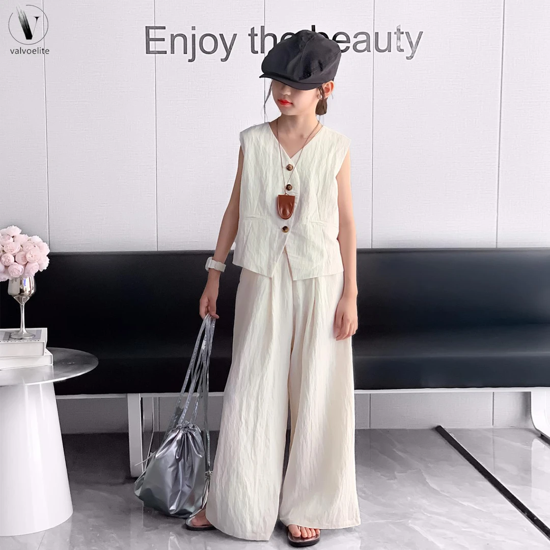 VALVOELITE女童夏季套装新款儿童洋派时髦女大童亚麻马甲阔腿裤两