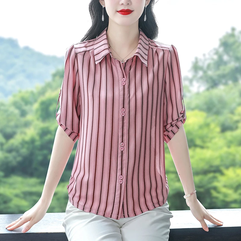高级感条纹衬衫女夏季休闲减龄2025新款法式宽松显瘦翻领中袖上衣