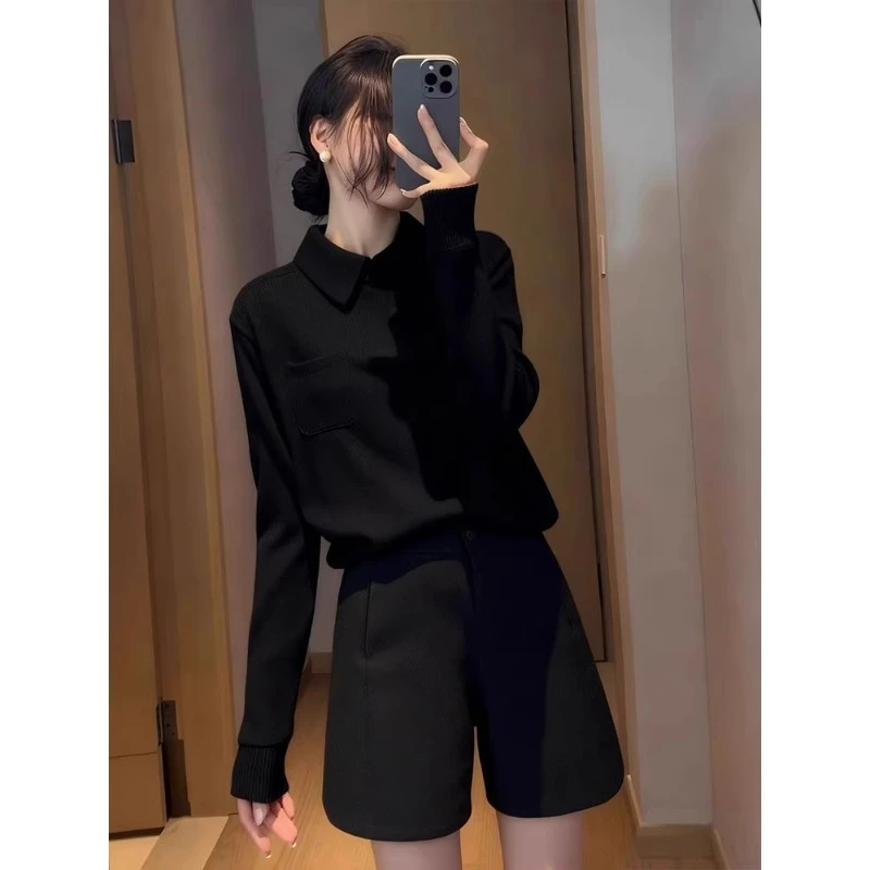 黑色polo领打底毛衣女2025秋冬季新款高级感轻熟风内搭针织衫上衣