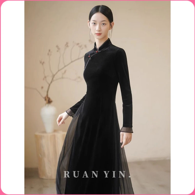RUAN YIN丝绒连衣裙女秋新款高端气质拼纱中式国风盘扣改良奥黛旗