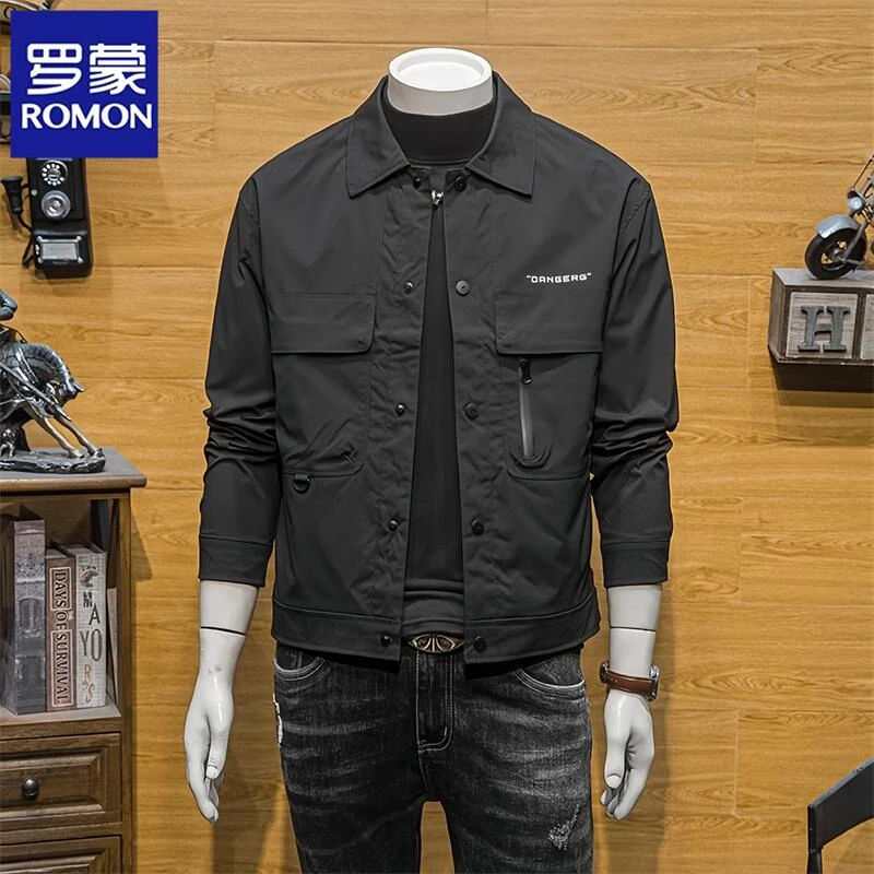 罗蒙男士休闲春秋季夹克简约纯色工装外套新款潮流修身棒球领上衣