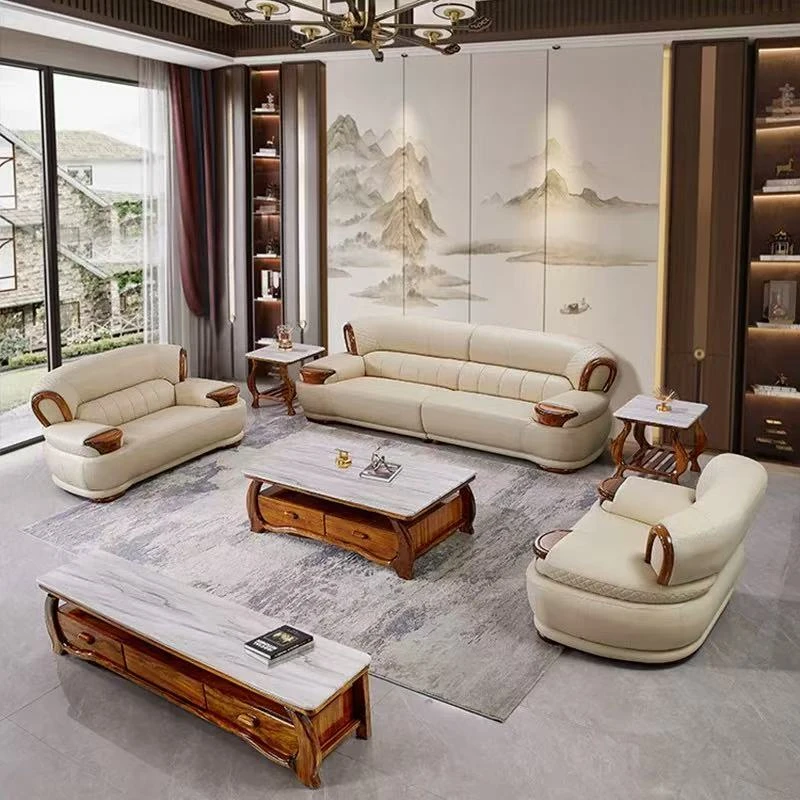 2025爆款新中式乌金木头层真皮组合沙发现代简约别墅客厅家居
