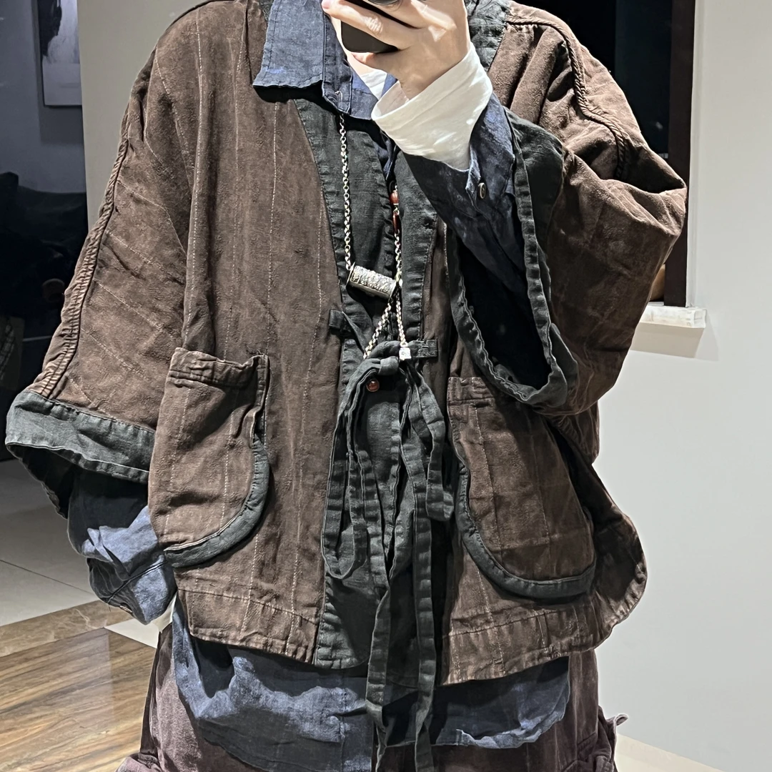 2025早春新品复古文艺国风宽松汉服领外套系带大口袋双层亚麻禅服