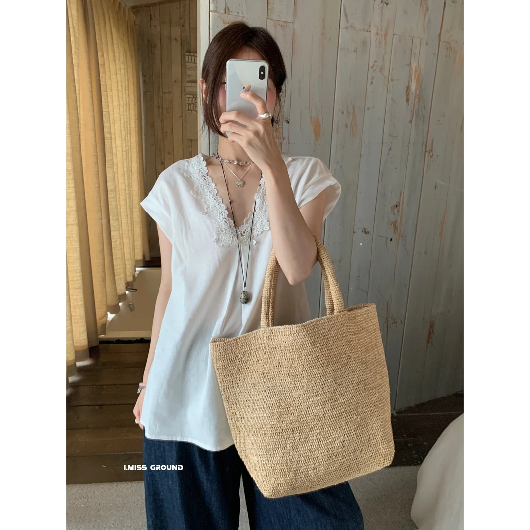 2131#夏日炎炎必入款~松弛舒适花边无袖“麻麻”上衣