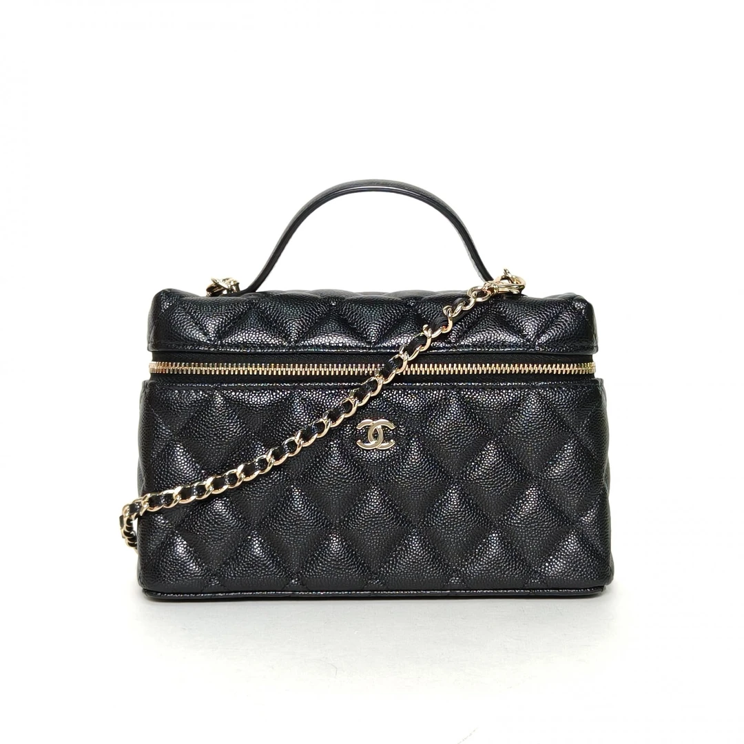 99新 Chanel/香奈儿 花花25C 饭盒包 黑色 荔枝皮革C 镭射标