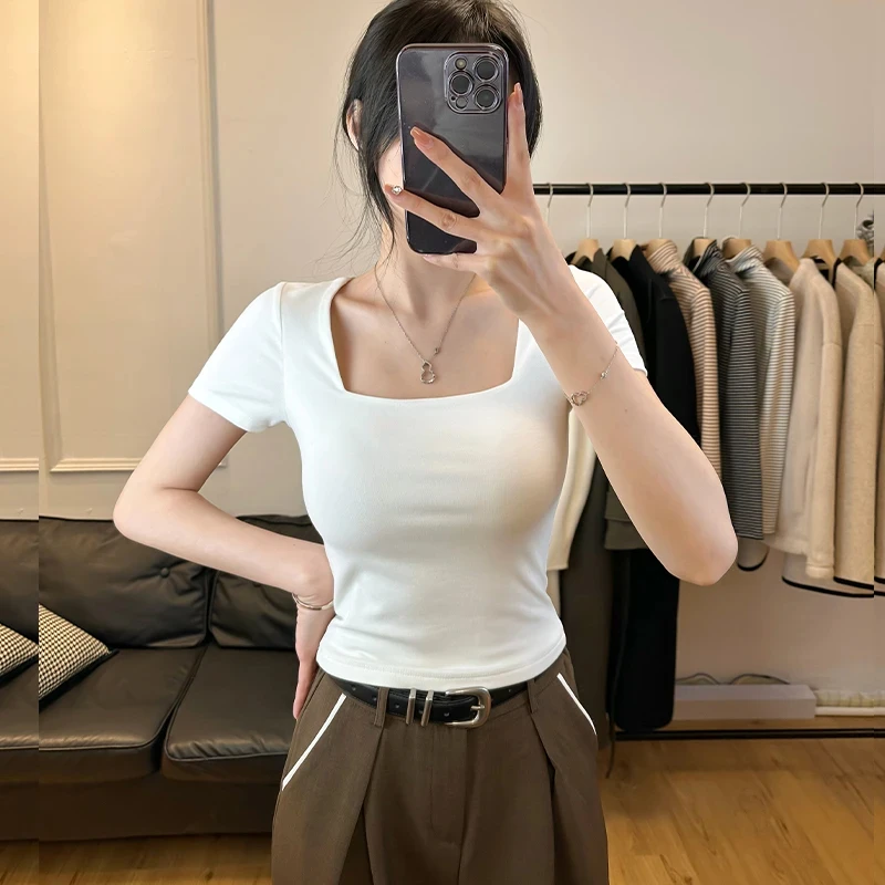 2025年夏季黑色方领短袖T恤女美式辣妹时尚修身洋气上衣打底衫潮t