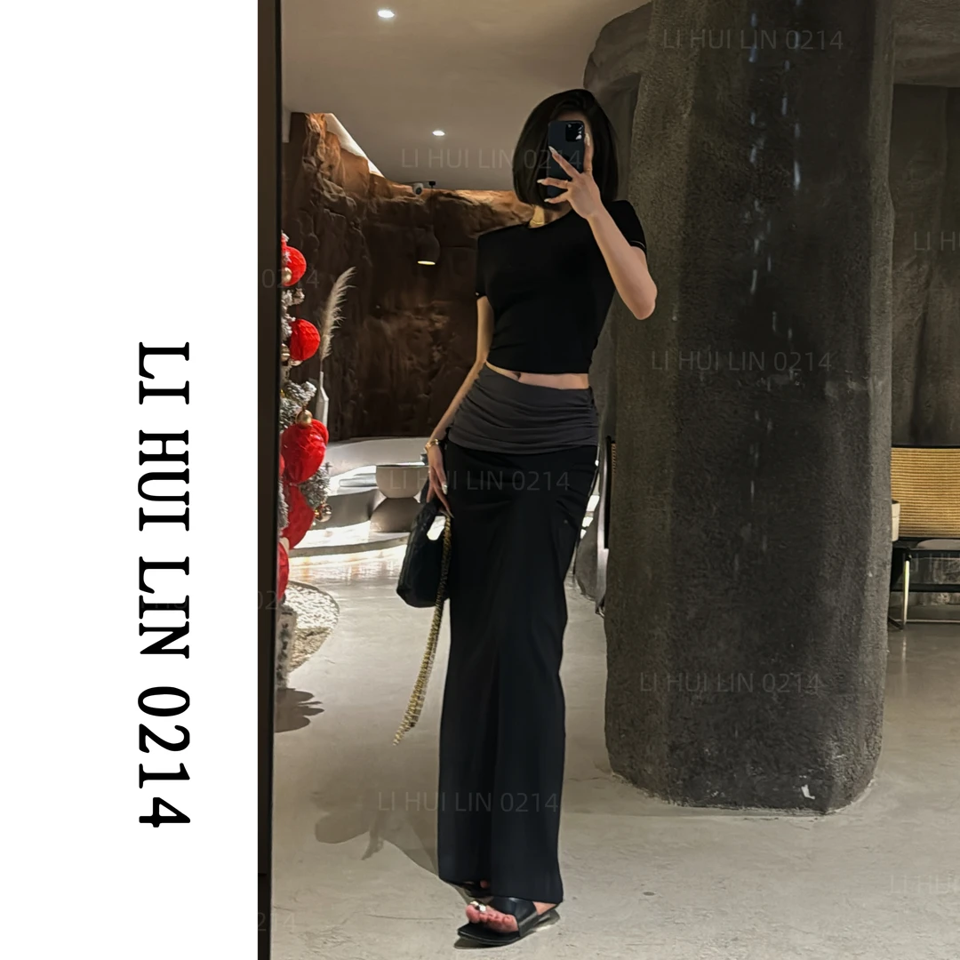 LIHUILIN/简约修身短袖上衣+撞色拼接腰头半身裙套装