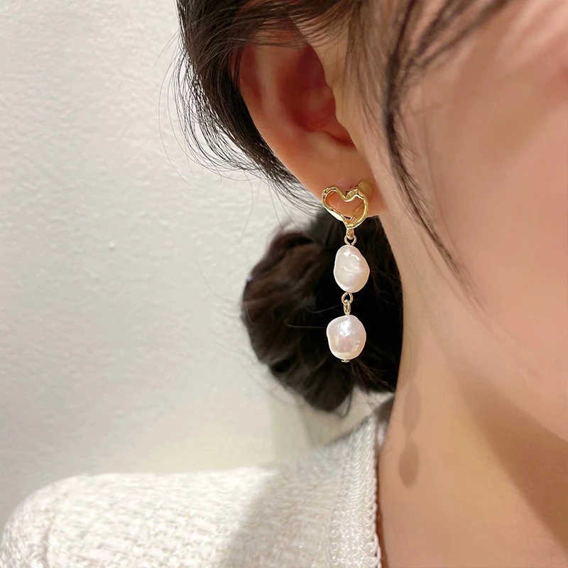 不锈钢铜耳饰 异形珍珠爱心耳环时尚不规则耳饰气质轻奢百搭复古