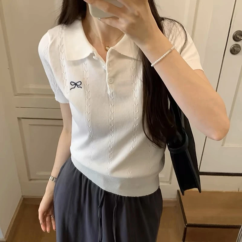 T  polo领刺绣小蝴蝶结短袖针织衫竖纹麻花薄款纯色翻领上衣9066#