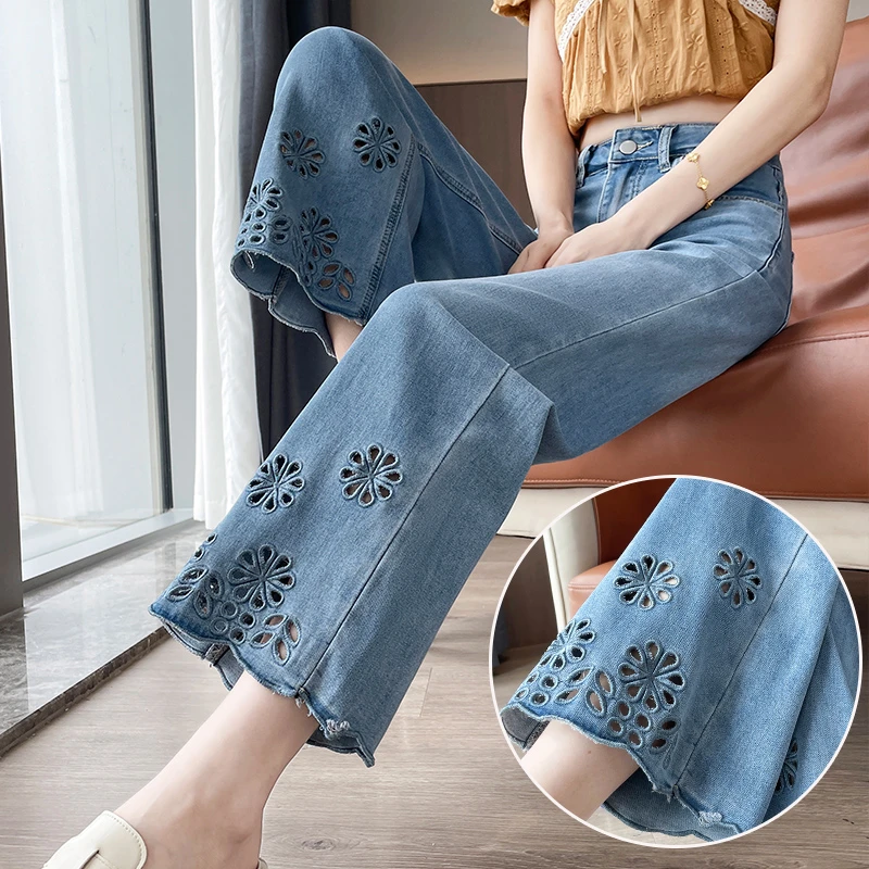 超火镂空花边刺绣牛仔裤女2025秋季新款小个子慵懒风阔腿奶奶裤子