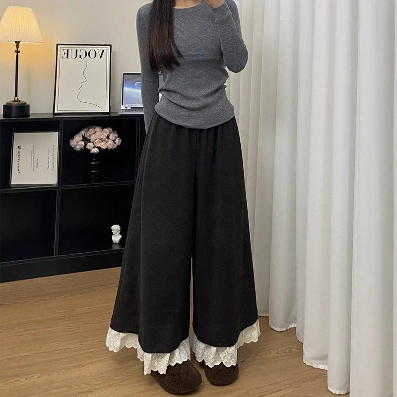 深灰色甜美风糯米裤裙秋季胖mm休闲显瘦软糯蕾丝木耳边阔腿裙裤